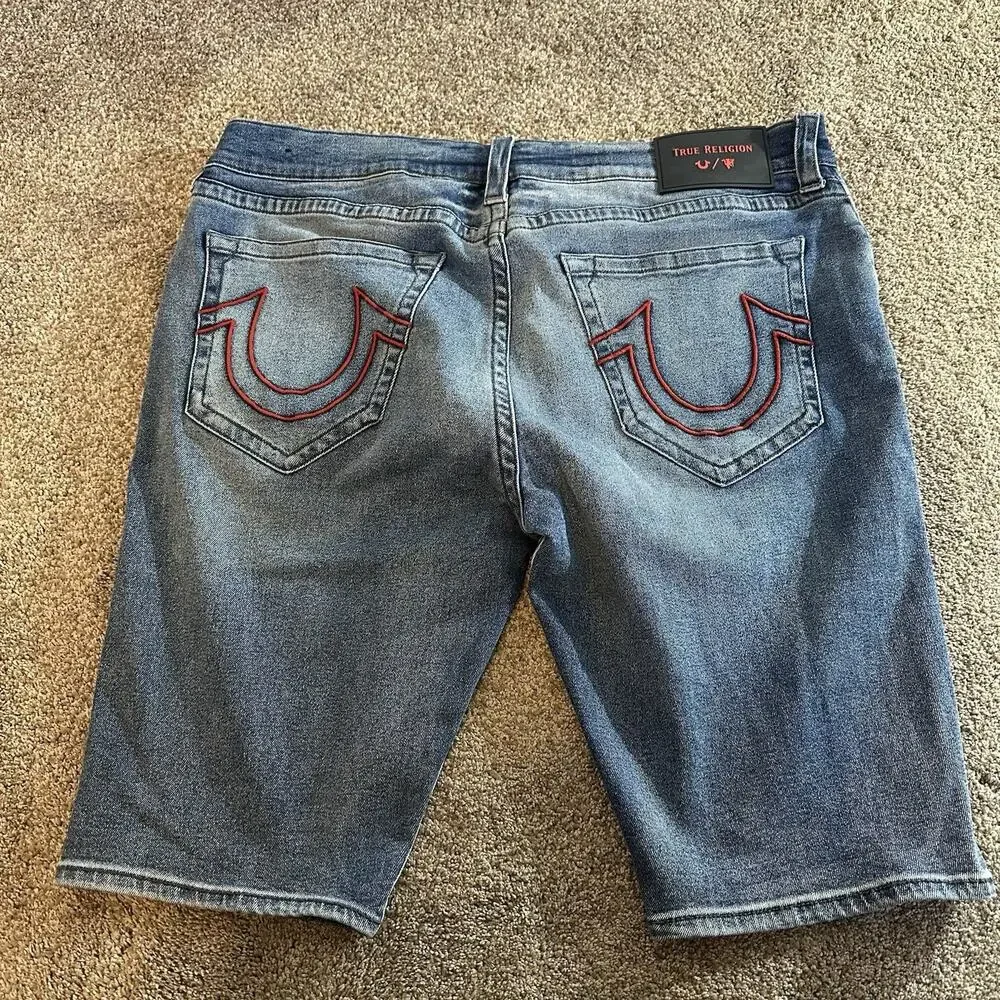 True Religion Denim Shorts Mens Size 40 Geno Jeans Jean Shorts Jorts Red Stitch